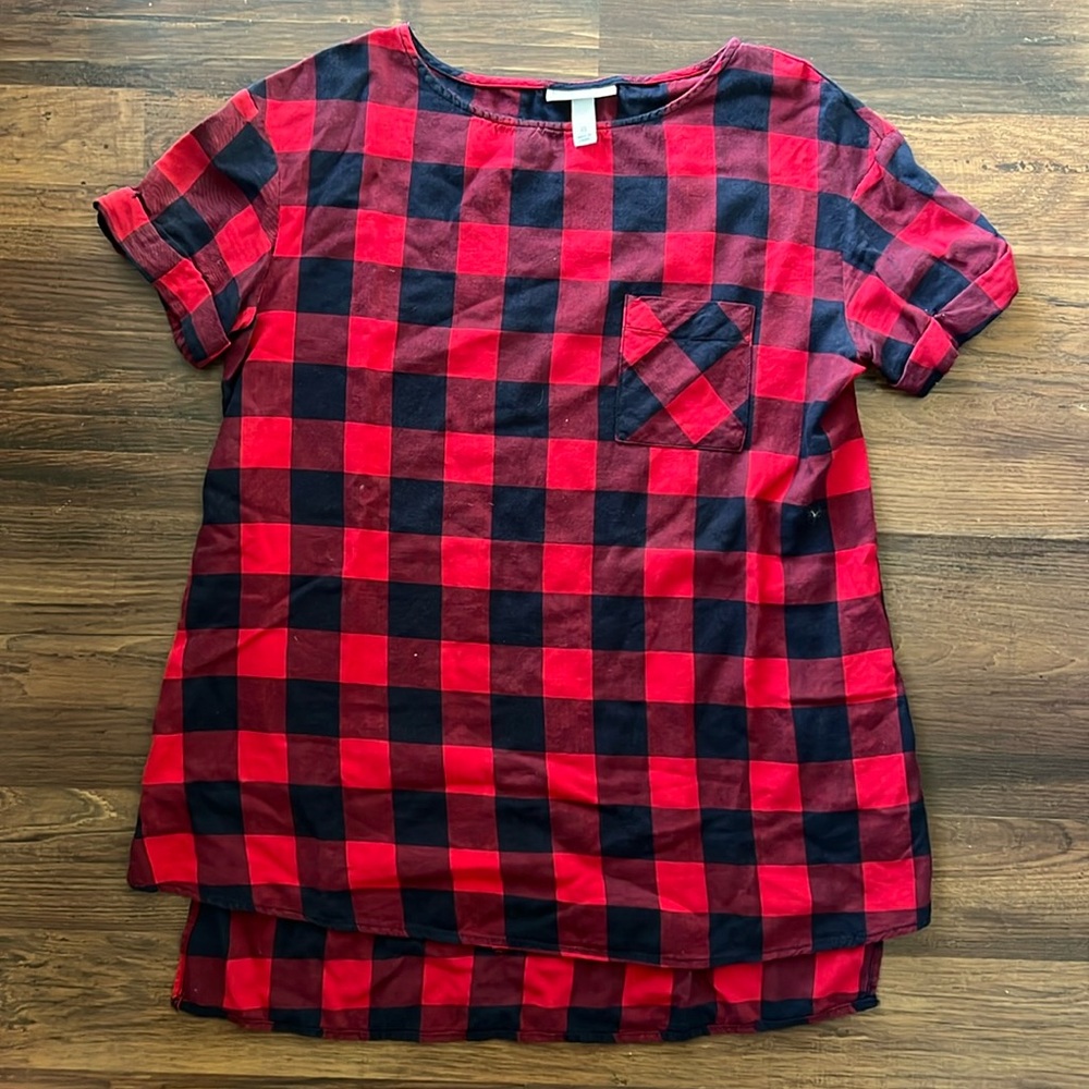 Liz Lange, Maternity, Navy & Red Buffalo Plaid, women’s tunic t-shirt, XS